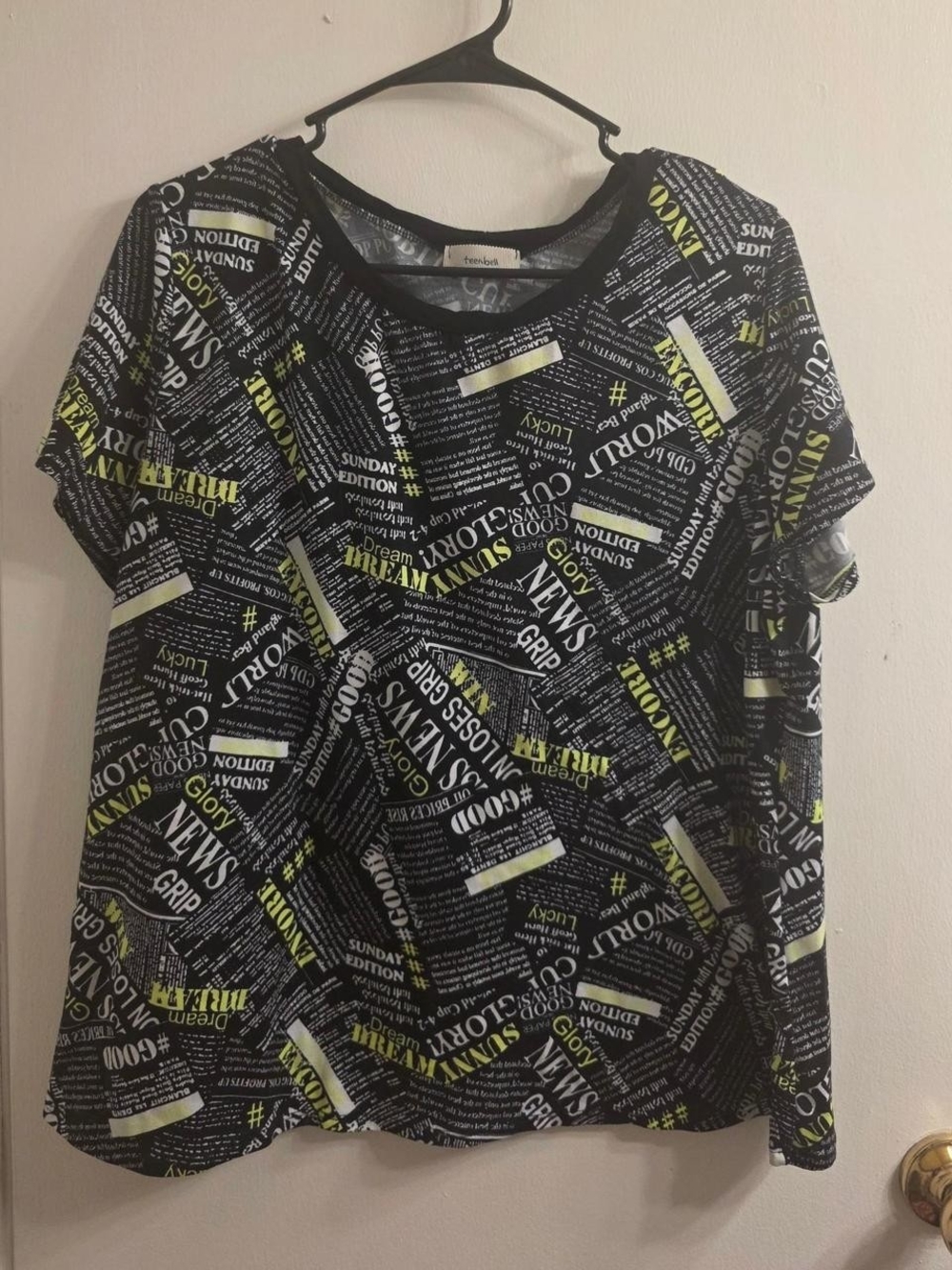 TeenBell Black Graphic Newspaper-Print Tee with Lime Highlights